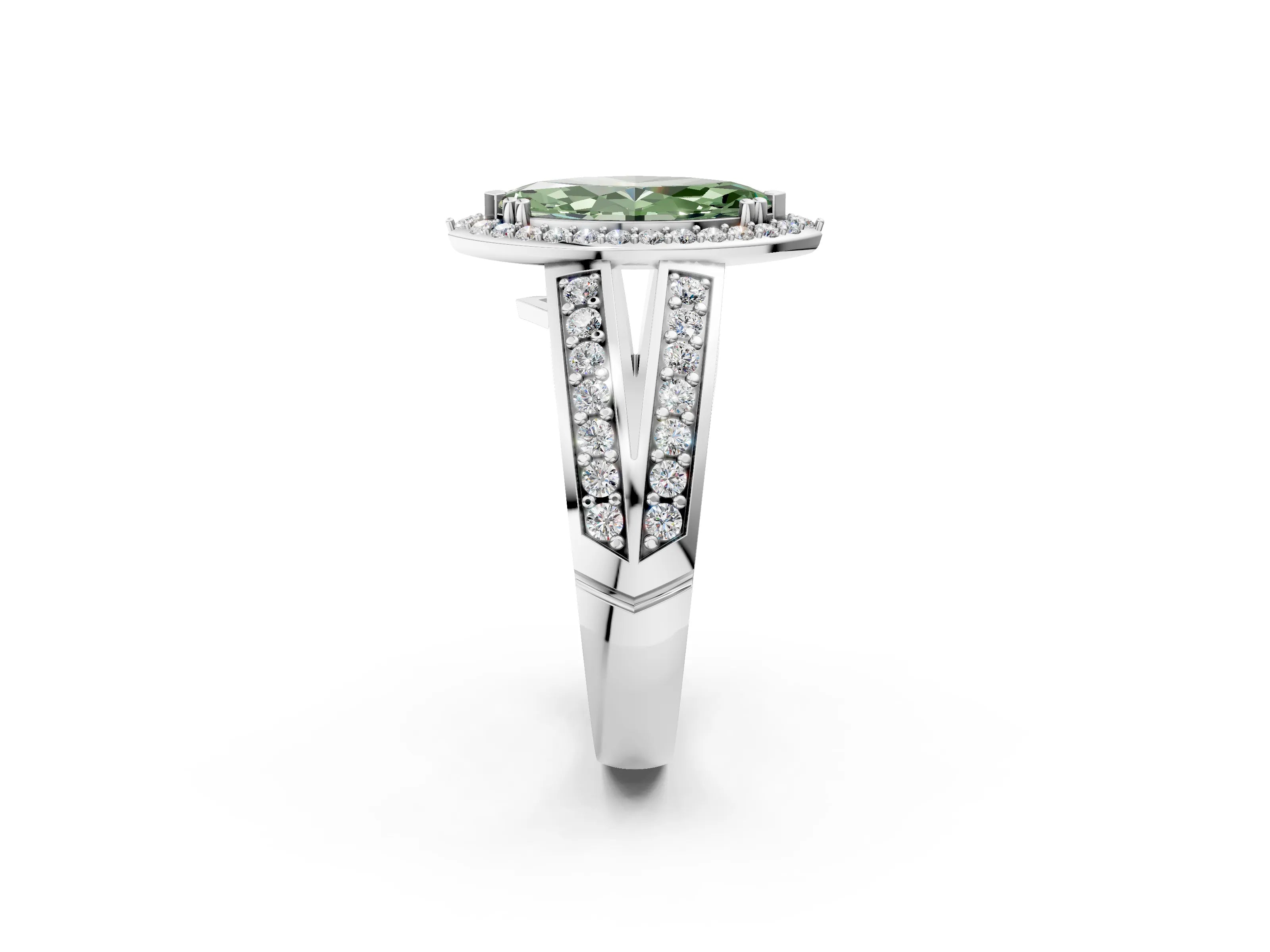 White gold Fancy Green Marquise Cut Diamond Halo Ring with Split Shank Pavé Band and Four-Prong Setting_61