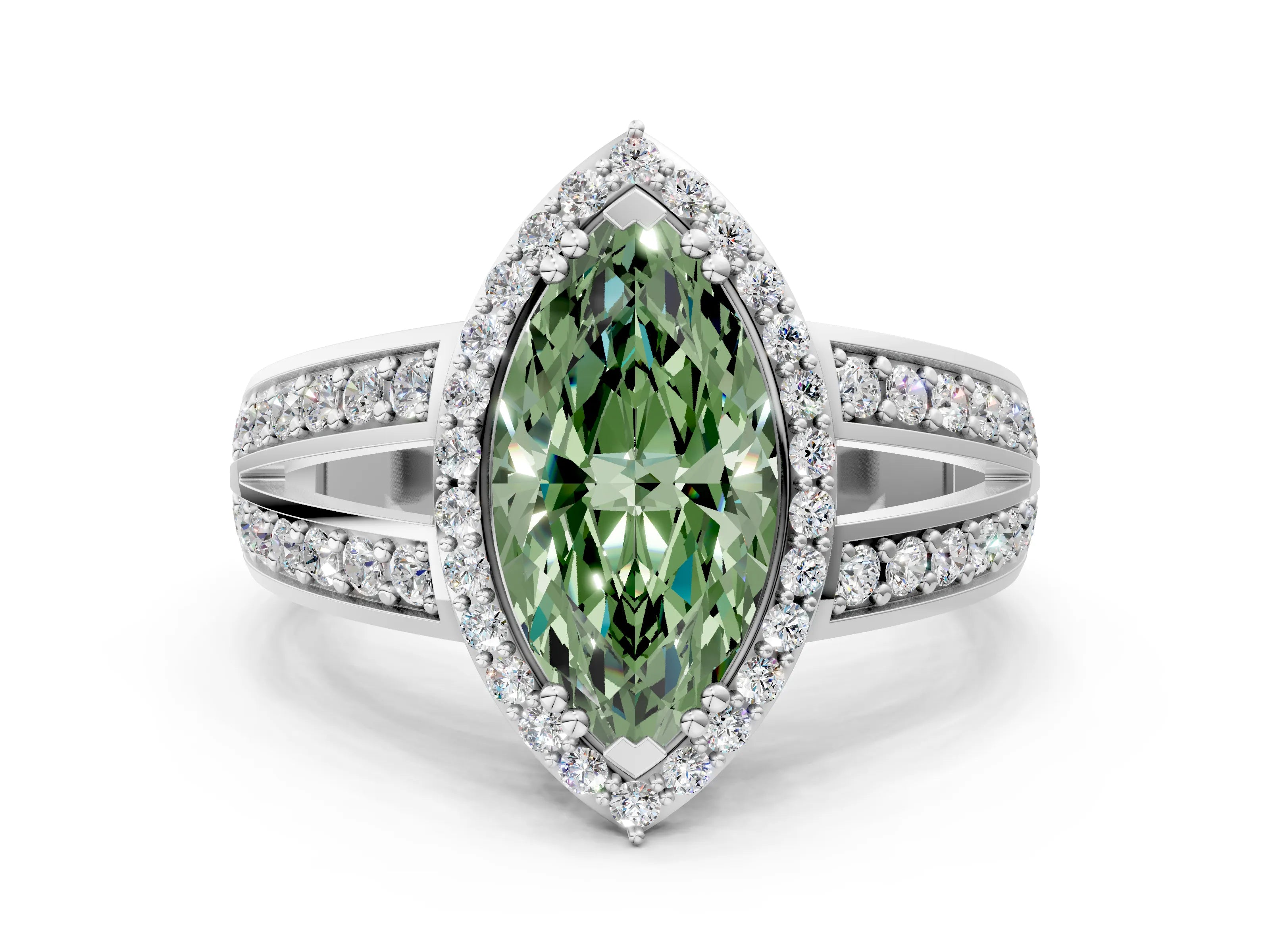White gold Fancy Green Marquise Cut Diamond Halo Ring with Split Shank Pavé Band and Four-Prong Setting