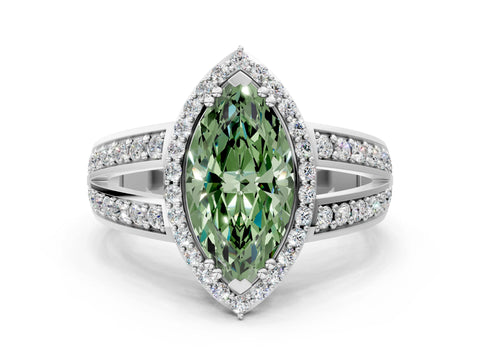 White gold Fancy Green Marquise Cut Diamond Halo Ring with Split Shank Pavé Band and Four-Prong Setting