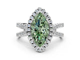 White gold Fancy Green Marquise Cut Diamond Halo Ring with Split Shank Pavé Band and Prong Setting_79