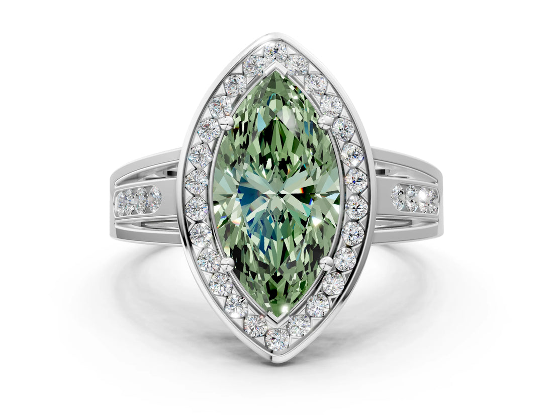 White gold Fancy Green Marquise Cut Diamond Halo Ring with Split Shank and Bezel Accents and Prong Setting
