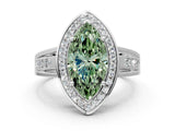 White gold Fancy Green Marquise Cut Diamond Halo Ring with Split Shank and Bezel Accents and Prong Setting