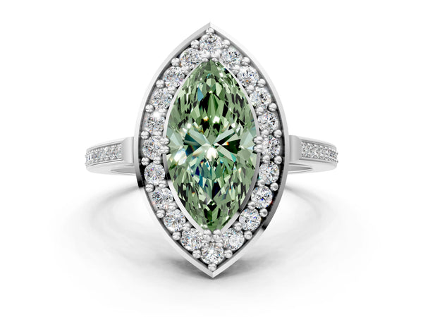 Platinum Fancy Green Marquise Cut Diamond Halo Ring with Split Shank and Four-Prong Setting