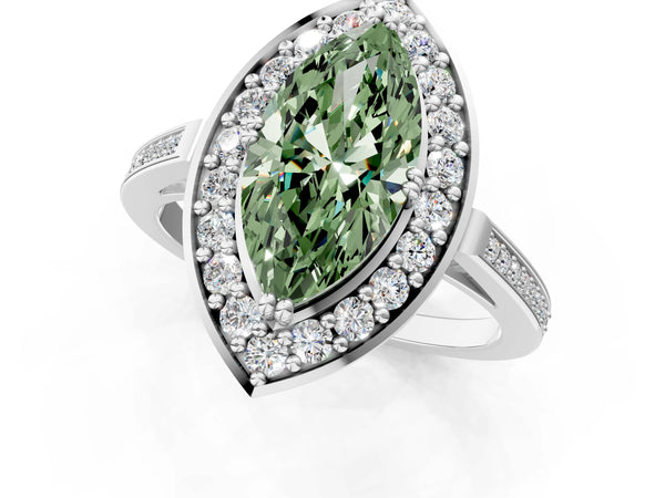 Platinum Fancy Green Marquise Cut Diamond Halo Ring with Split Shank and Four-Prong Setting