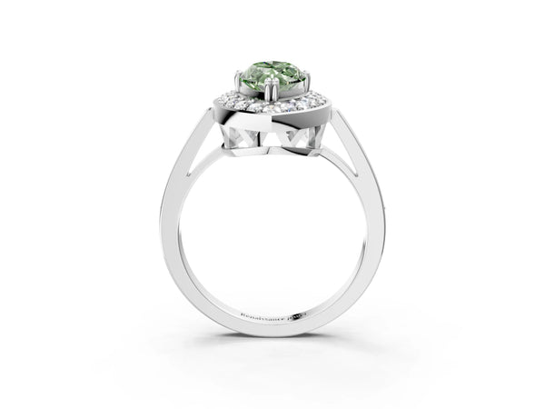 Platinum Fancy Green Marquise Cut Diamond Halo Ring with Split Shank and Four-Prong Setting