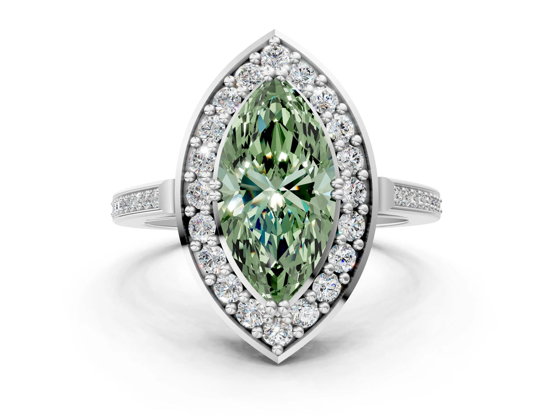White gold Fancy Green Marquise Cut Diamond Halo Ring with Split Shank and Four-Prong Setting_70