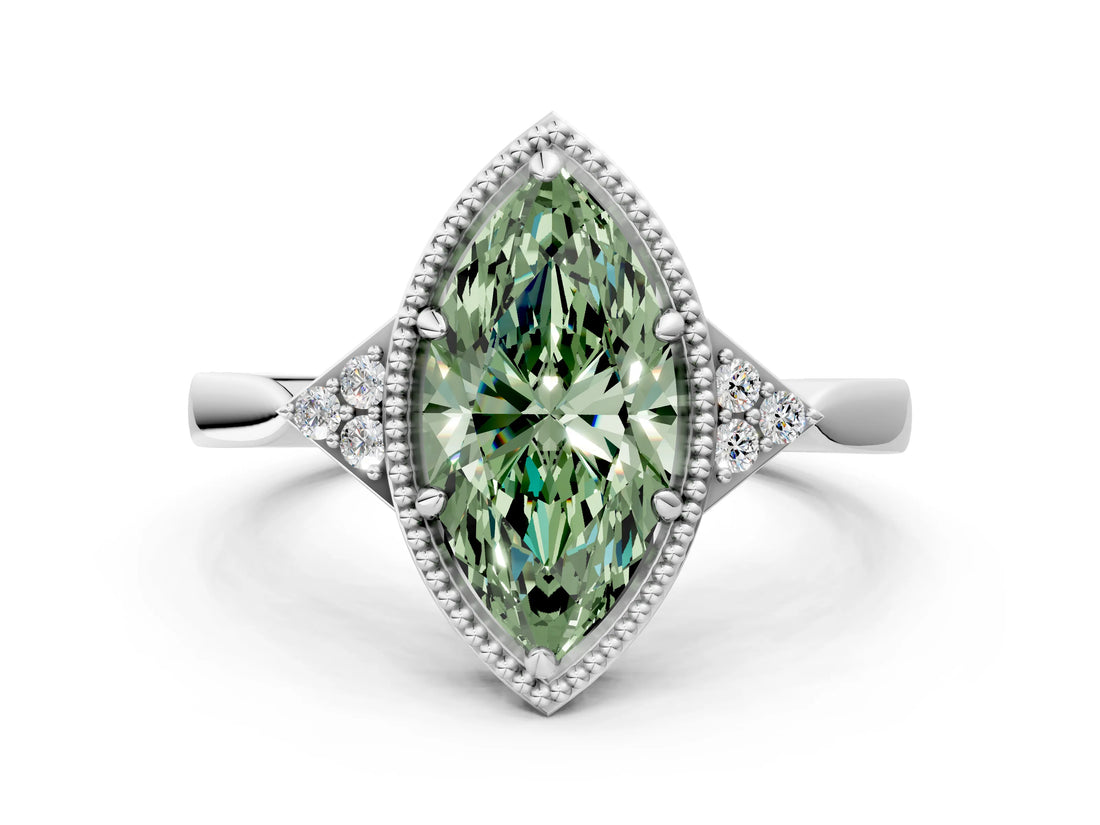 White gold Fancy Green Marquise Cut Diamond Halo Ring with Tapered Band and Four-Prong Setting_19