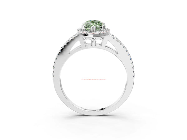 Platinum Fancy Green Marquise Cut Diamond Halo Split Shank Engagement Ring