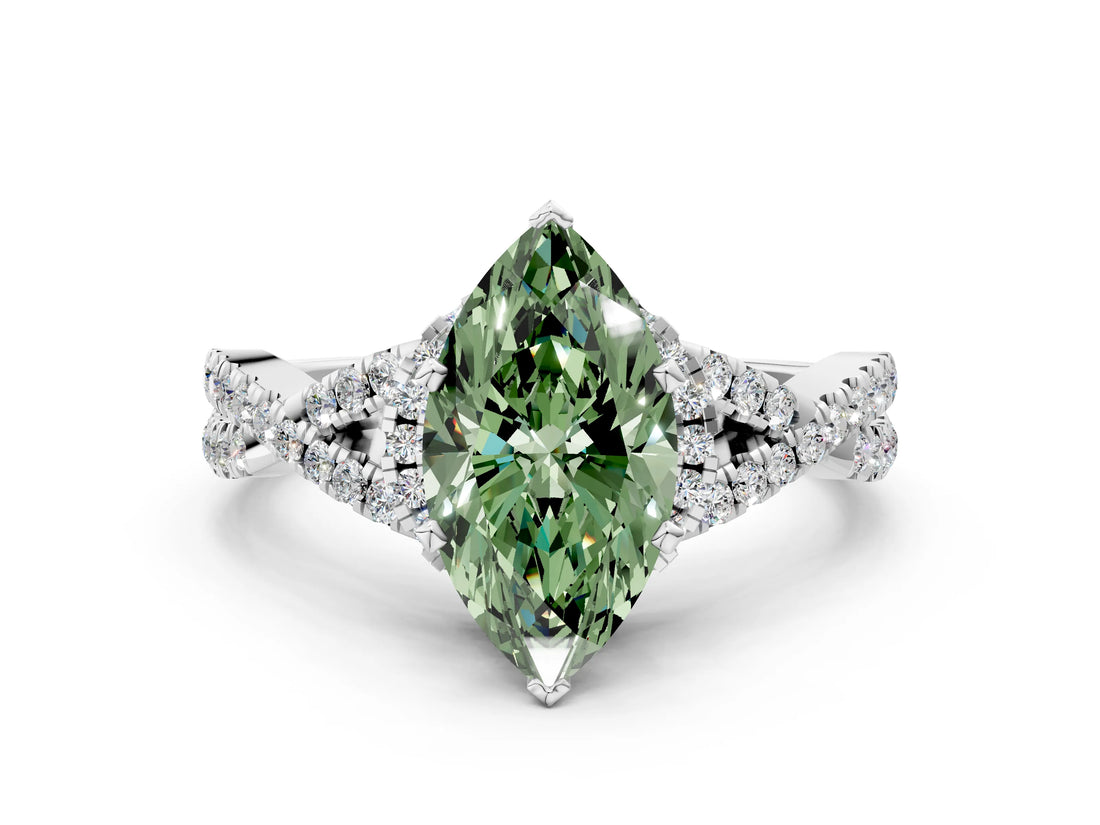 White gold Fancy Green Marquise Cut Diamond  Halo Twist Band Solitaire Prong Setting Ring_12