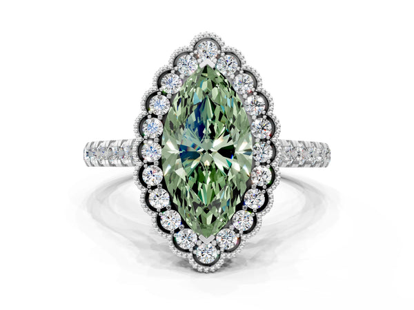 Platinum Fancy Green Marquise  Cut Diamond Milgrain Floral Halo Engagement Ring with Pavé Band