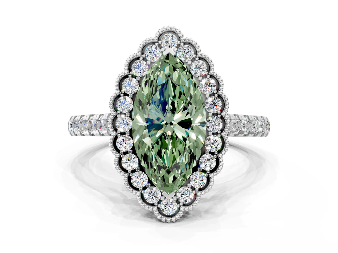 White gold Fancy Green Marquise  Cut Diamond Milgrain Floral Halo Engagement Ring with Pavé Band_15