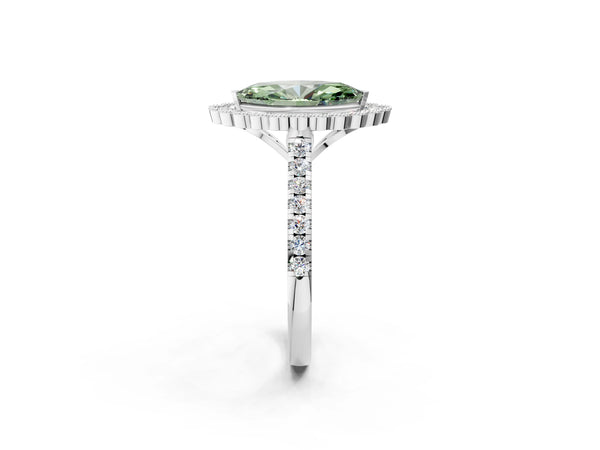 Platinum Fancy Green Marquise  Cut Diamond Milgrain Floral Halo Engagement Ring with Pavé Band