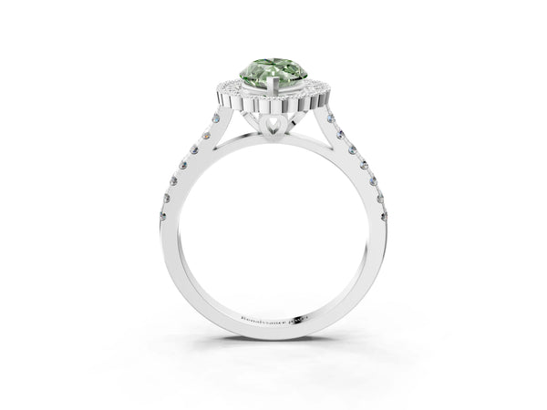 Platinum Fancy Green Marquise  Cut Diamond Milgrain Floral Halo Engagement Ring with Pavé Band
