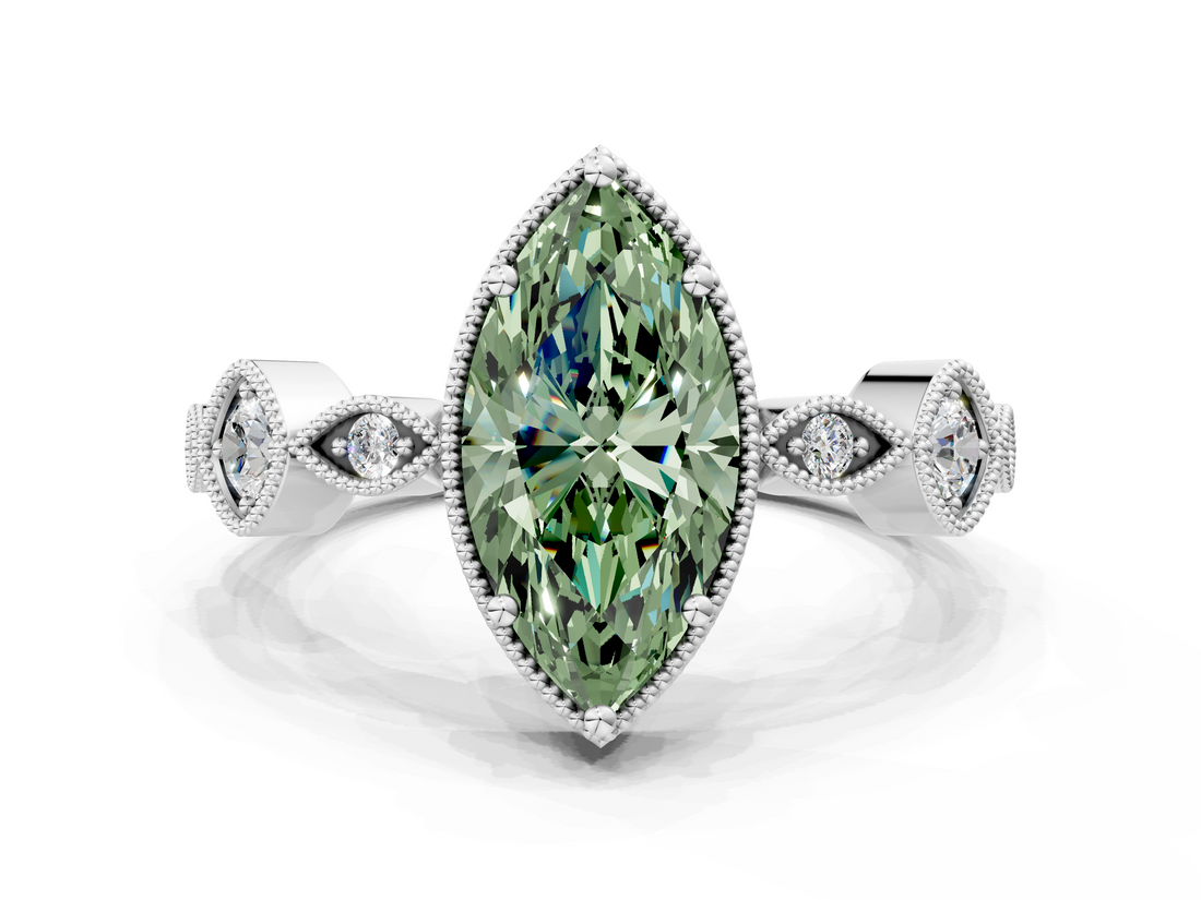 White gold Fancy Green Marquise  Cut Diamond Milgrain Marquise Band with Prong Setting_3