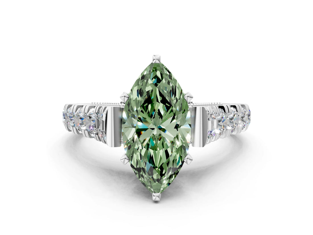 White gold Fancy Green Marquise  Cut Diamond Pavé Band Solitaire with Four-Prong Setting_15