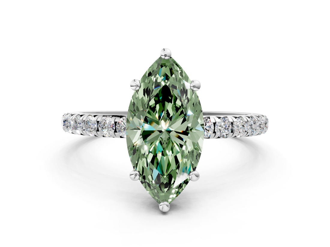 White gold Fancy Green Marquise  Cut Diamond Pavé Band Solitaire with Four-Prong Setting_3