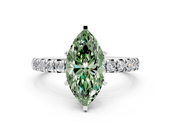 White gold Fancy Green Marquise  Cut Diamond Pavé Band with Four-Prong Setting