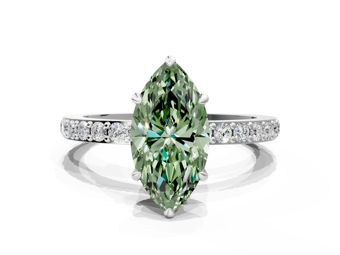 White gold Fancy Green Marquise Cut Diamond Pavé Engagement Ring with Round  Accents and Prong Setting_86