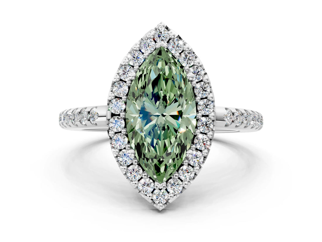 White gold Fancy Green Marquise Cut Diamond Pavé Halo Ring with Four-Prong Setting_65