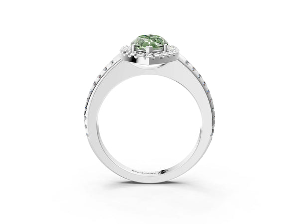 White gold Fancy Green Marquise Cut Diamond Pavé Halo Ring with Four-Prong Setting