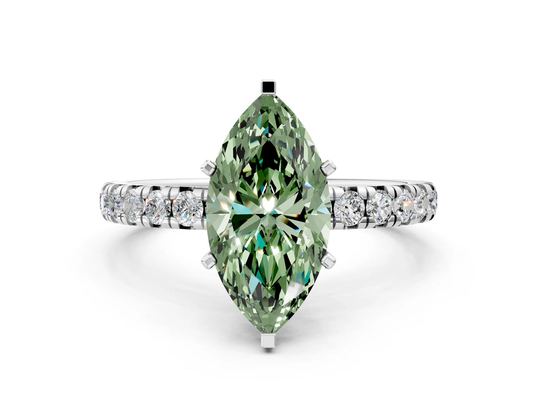 White gold Fancy Green Marquise Cut Diamond Pavé Solitaire Ring with Round Band and Prong Setting_19