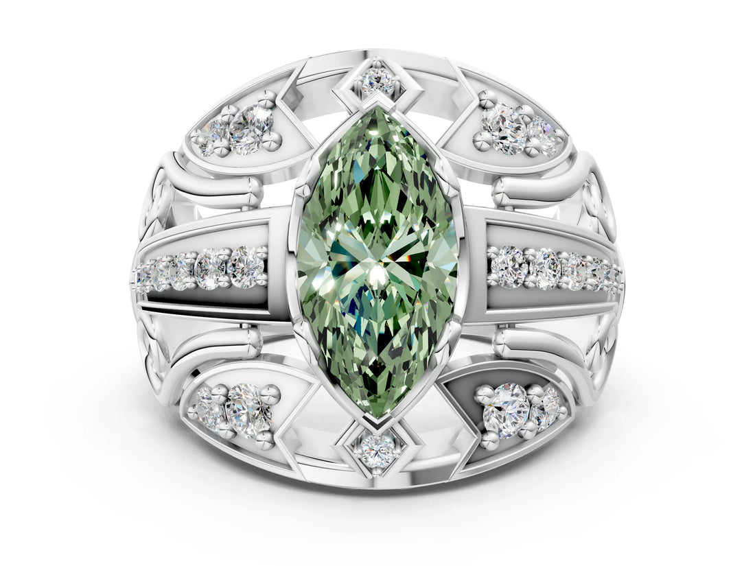 White gold Fancy Green Marquise Cut Diamond Pave Art Deco Split Shank Ring with Four-Prong Setting