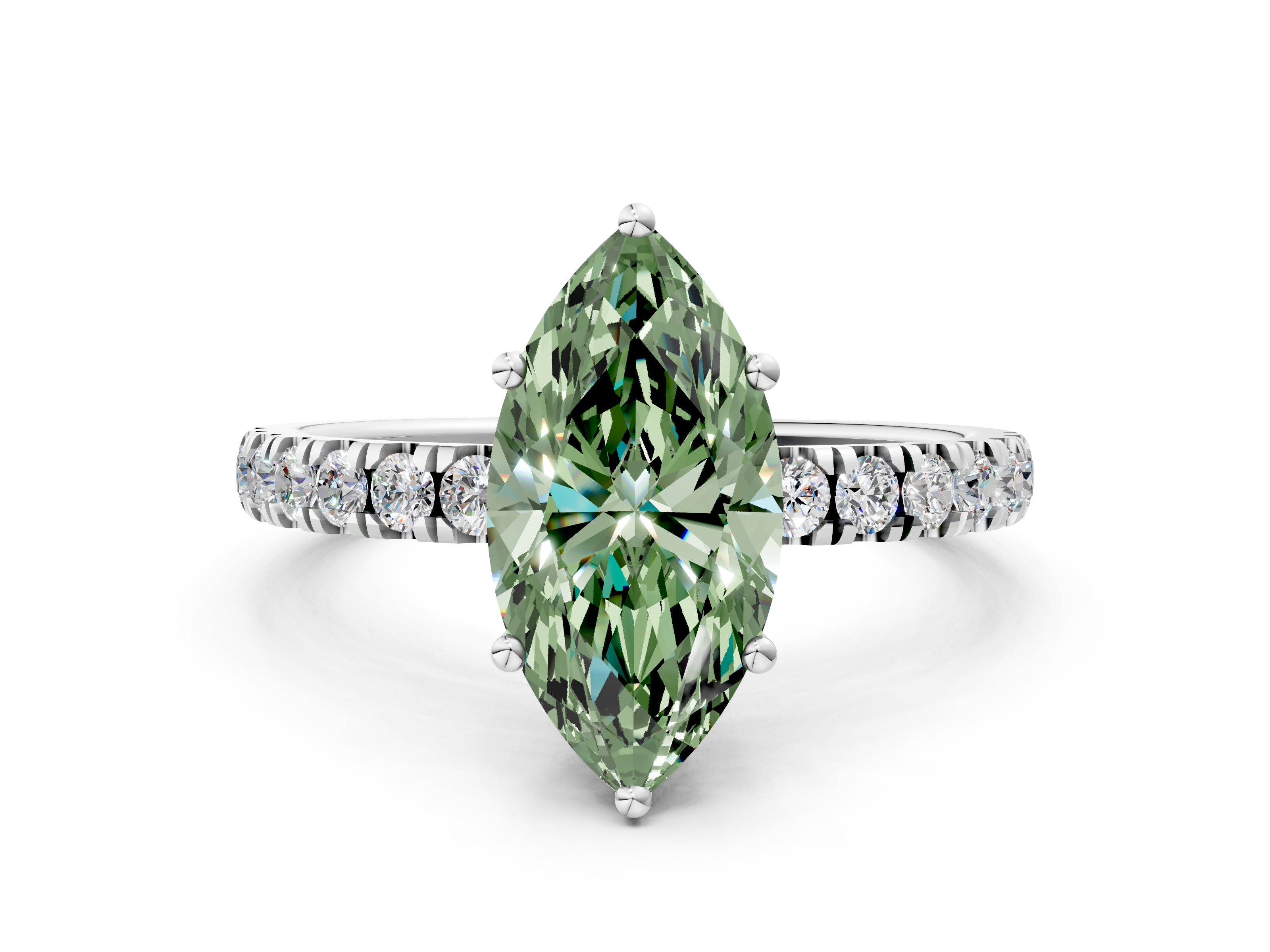 White gold Fancy Green Marquise  Cut Diamond Pave Band Solitaire Ring with Four-Prong Setting_24
