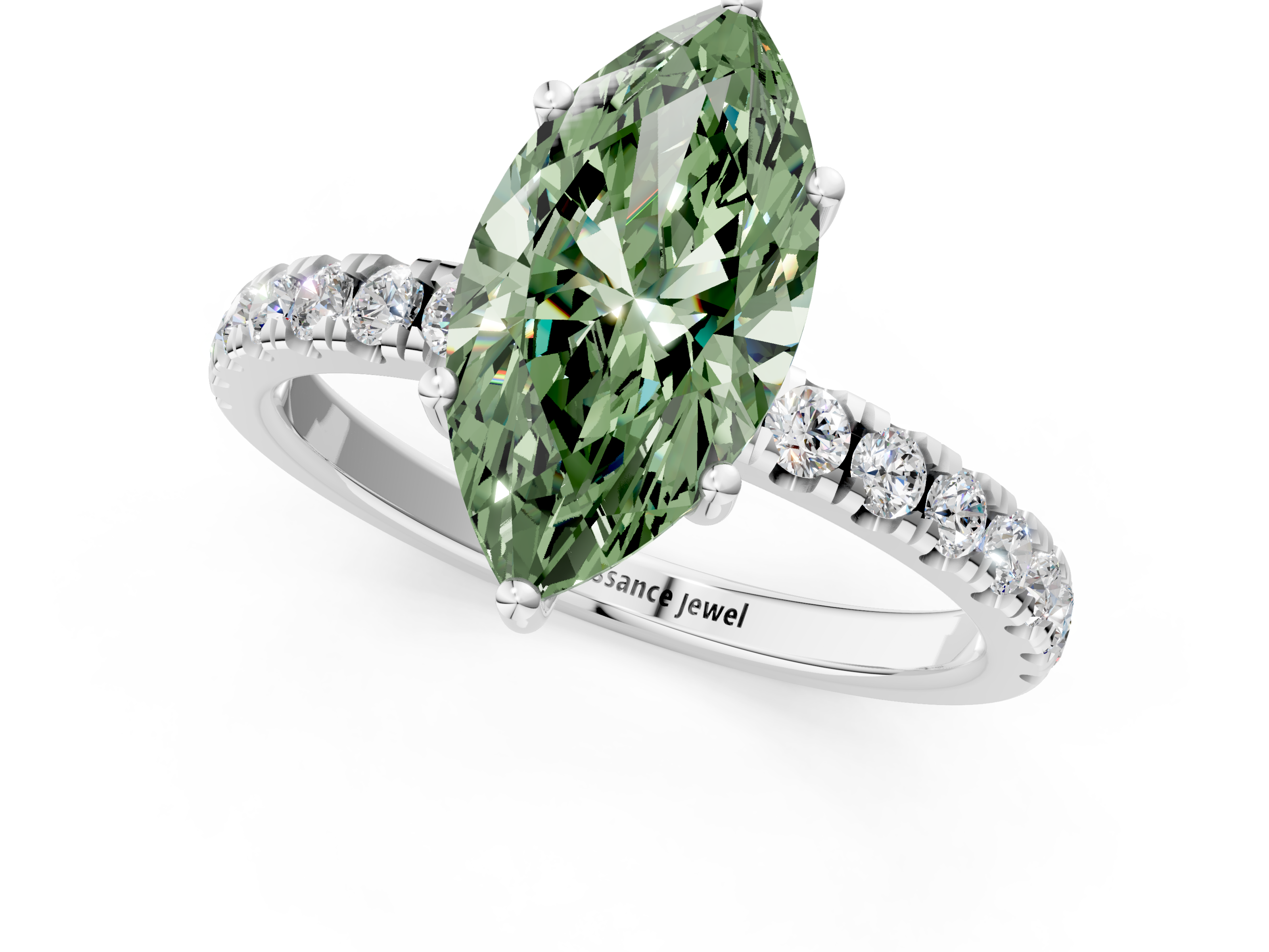 White gold Fancy Green Marquise  Cut Diamond Pave Band Solitaire Ring with Four-Prong Setting_25