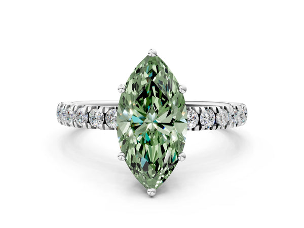 White gold Fancy Green Marquise Cut Diamond Pave Band Solitaire Ring with Round  and Prong Setting
