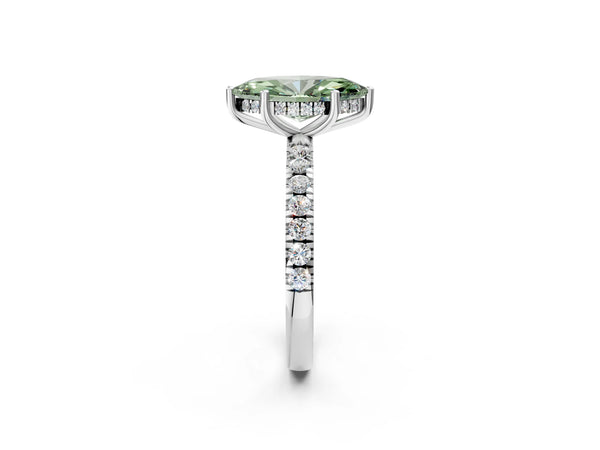 White gold Fancy Green Marquise Cut Diamond Pave Band Solitaire Ring with Round  and Prong Setting