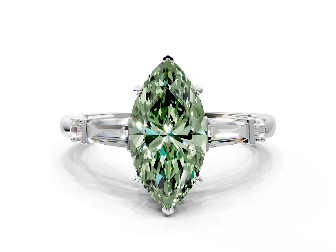 White gold Fancy Green Marquise  Cut Diamond Ring with Baguette Side Stones, Channel Set Band, and Four-Prong Setting_20