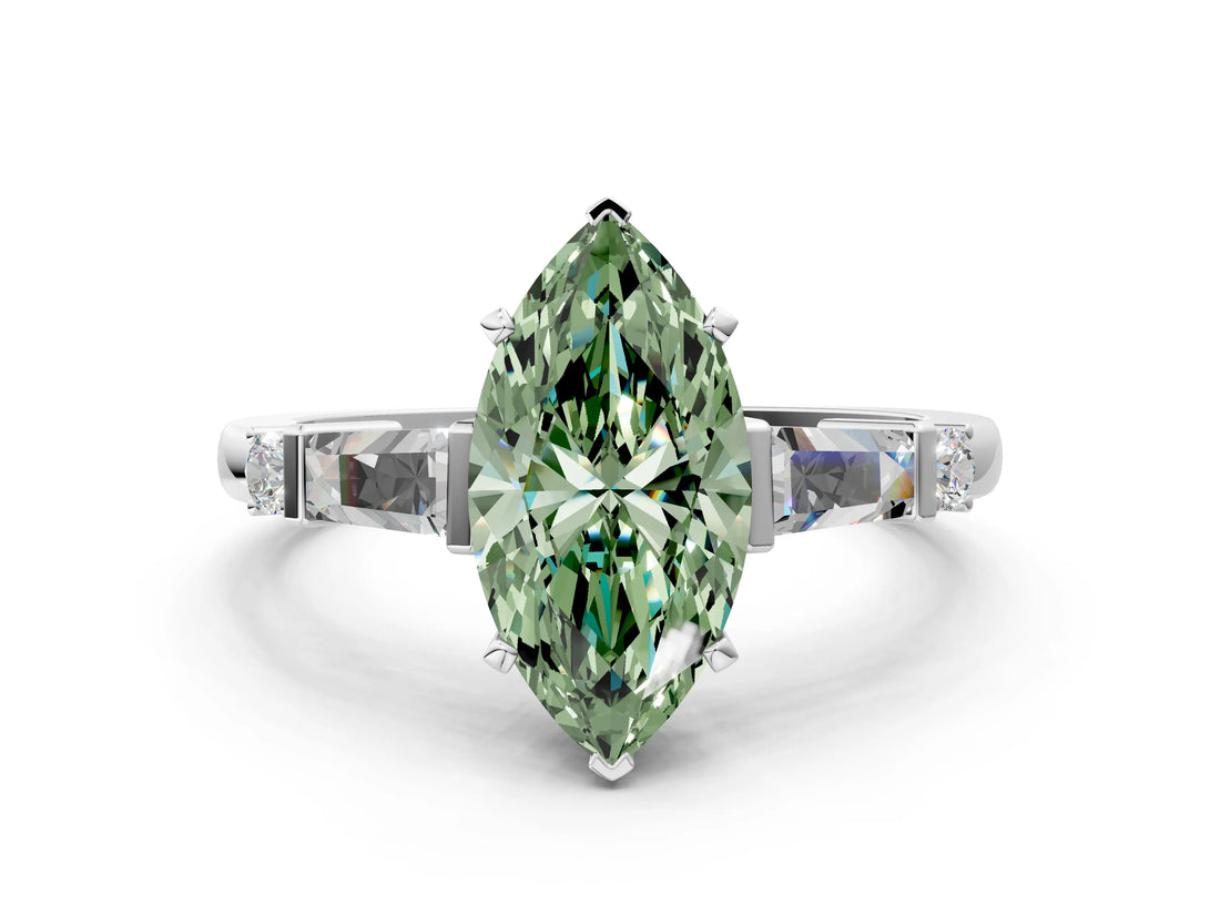 White gold Fancy Green Marquise  Cut Diamond Ring with Baguette Side Stones, Channel Set Band, and Four-Prong Setting_36