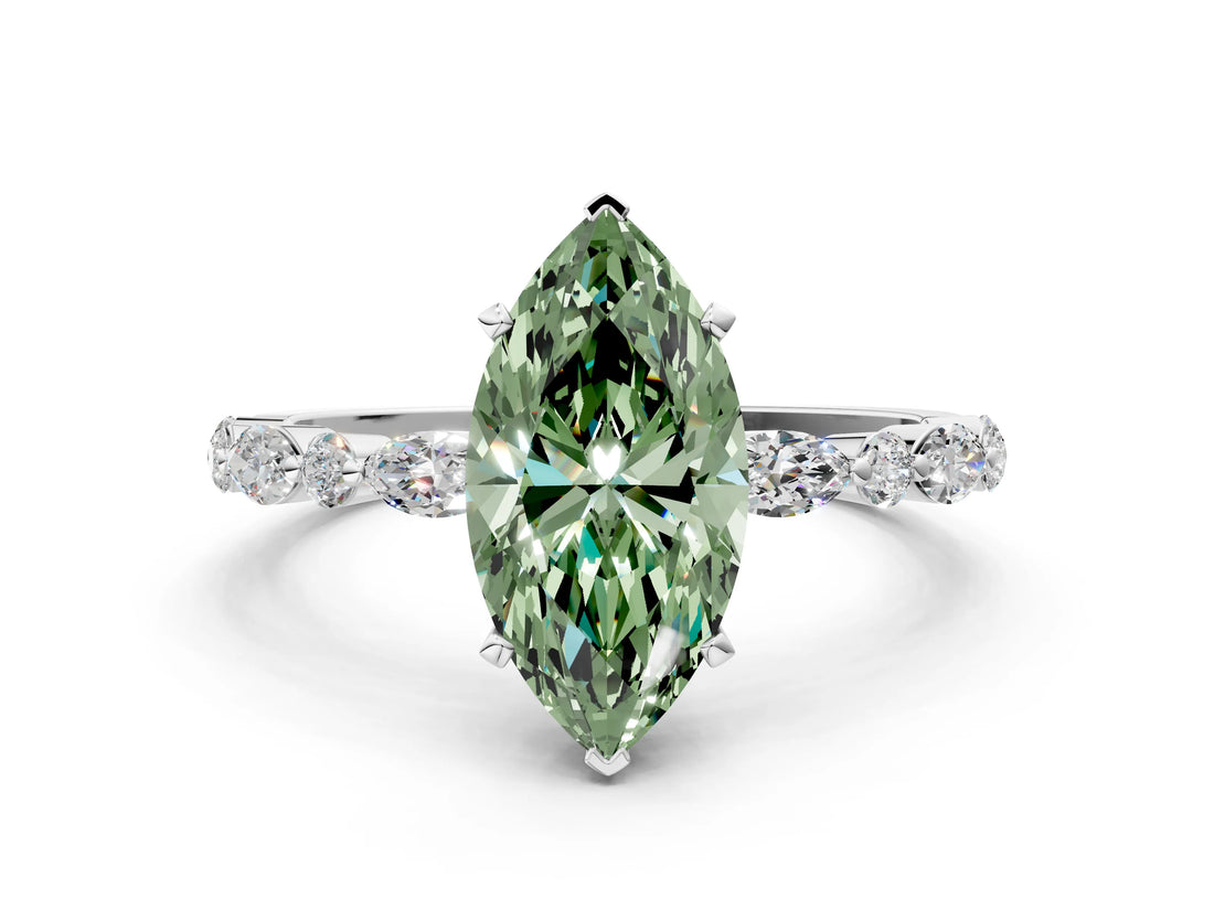 White gold Fancy Green Marquise Cut Diamond Ring with Marquise and Round  Side Stones and Four-Prong Setting_125