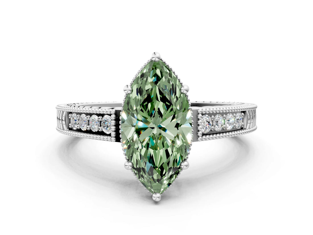 White gold Fancy Green Marquise Cut Diamond Ring with Milgrain Pavé Band and Four-Prong Setting_32