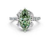 White gold Fancy Green Marquise Cut Diamond Ring with Pavé Band and Floral Prong Setting_63