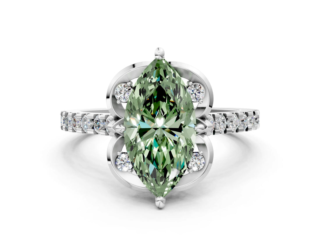 White gold Fancy Green Marquise Cut Diamond Ring with Pavé Band and Floral Prong Setting_63