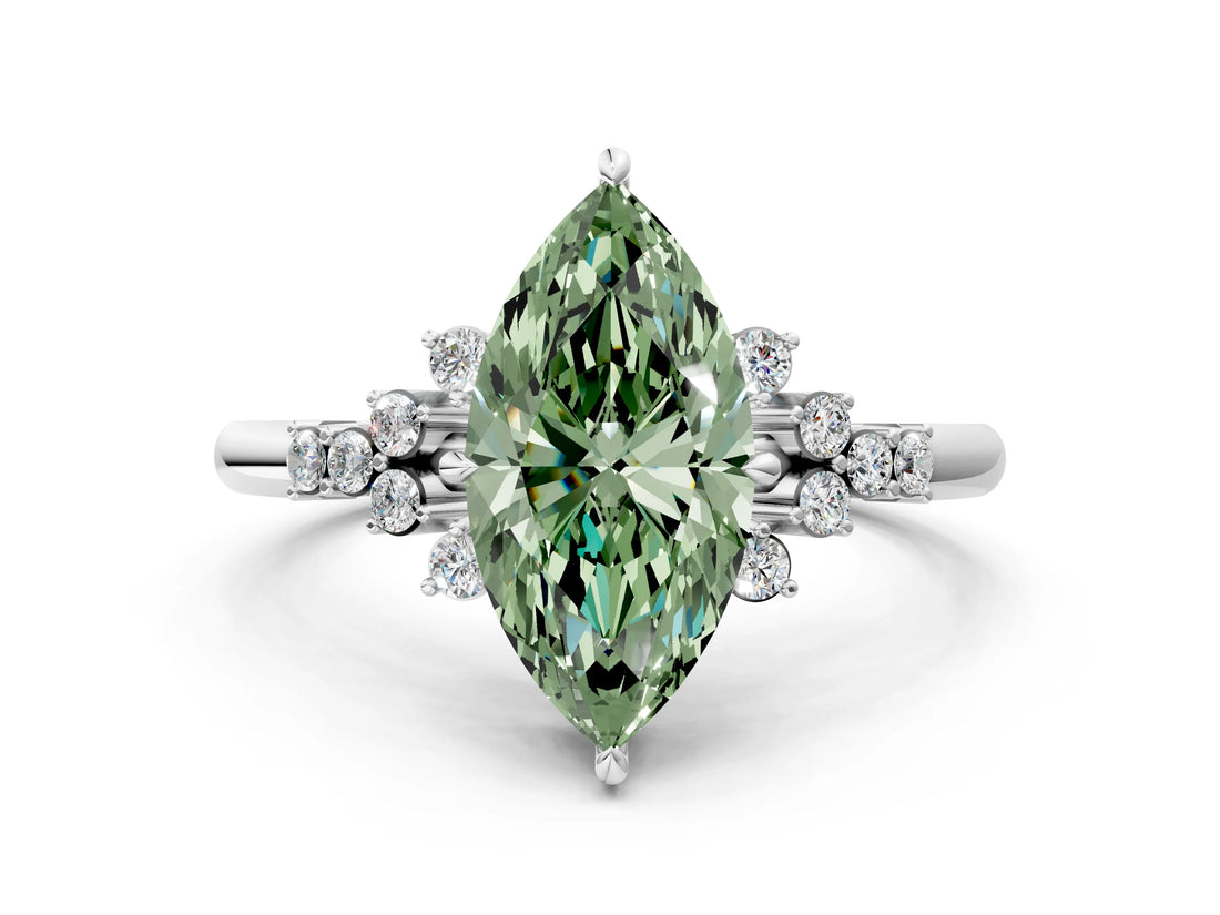 White gold Fancy Green Marquise Cut Diamond Ring with Side Stones and Four-Prong Setting_137