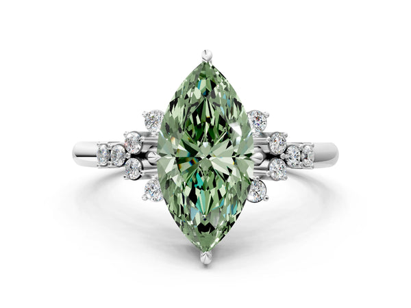 Silver Fancy Green Marquise Cut Diamond Ring with Side Stones and Four-Prong Setting