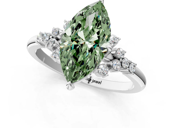Silver Fancy Green Marquise Cut Diamond Ring with Side Stones and Four-Prong Setting