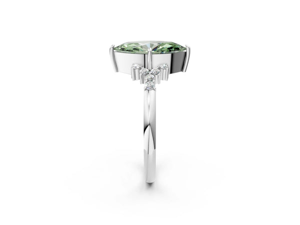 Silver Fancy Green Marquise Cut Diamond Ring with Side Stones and Four-Prong Setting