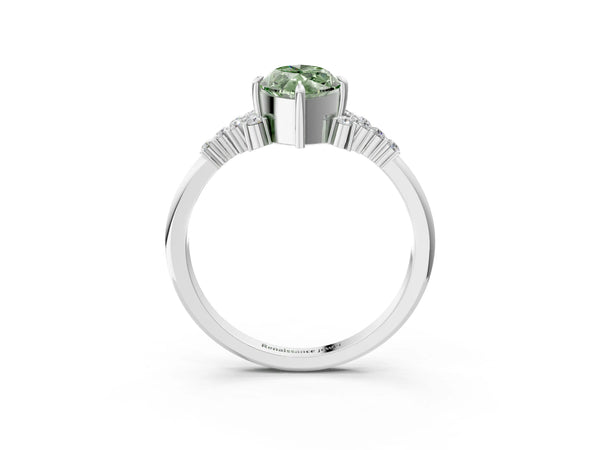 Silver Fancy Green Marquise Cut Diamond Ring with Side Stones and Four-Prong Setting