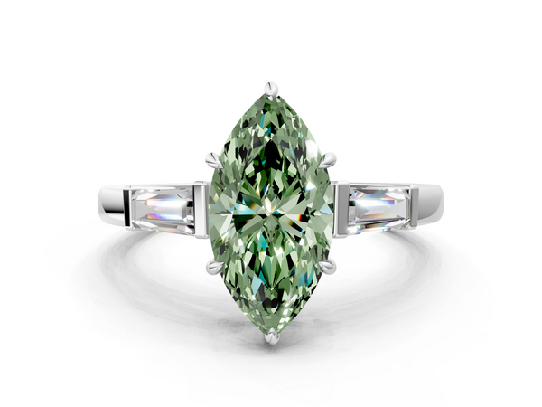 Platinum Fancy Green Marquise  Cut Diamond Ring with Tapered Baguette Side Stones in Four-Prong Setting