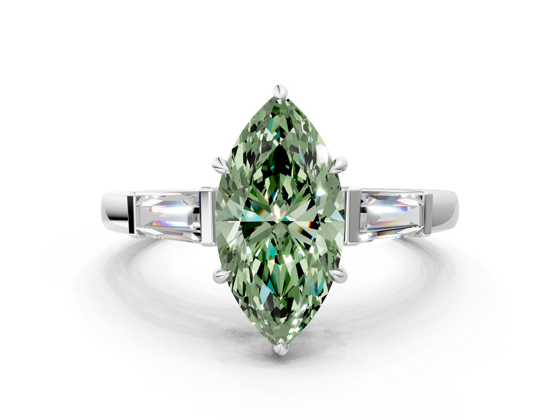 White gold Fancy Green Marquise  Cut Diamond Ring with Tapered Baguette Side Stones in Four-Prong Setting_3