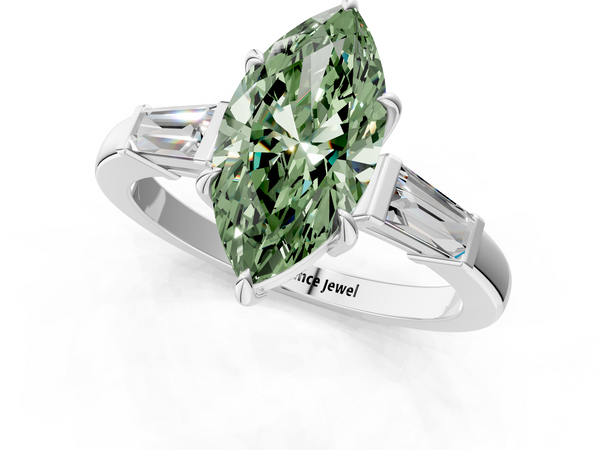 Platinum Fancy Green Marquise  Cut Diamond Ring with Tapered Baguette Side Stones in Four-Prong Setting