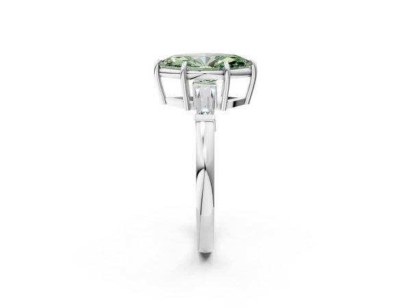 Platinum Fancy Green Marquise  Cut Diamond Ring with Tapered Baguette Side Stones in Four-Prong Setting