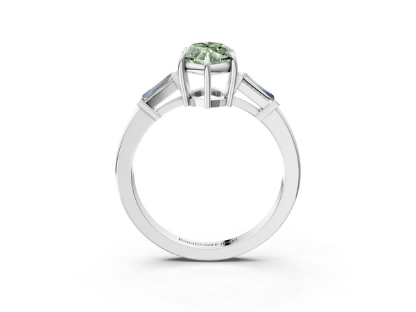 Platinum Fancy Green Marquise  Cut Diamond Ring with Tapered Baguette Side Stones in Four-Prong Setting