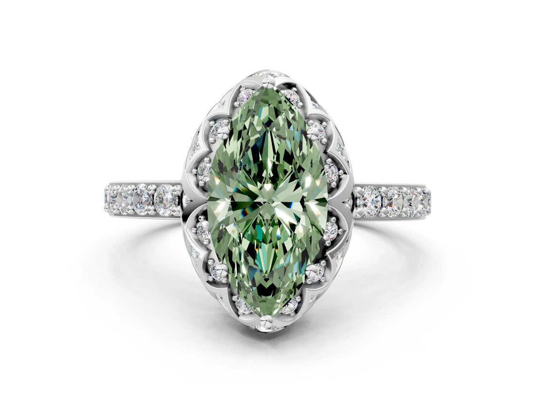 White gold Fancy Green Marquise Cut Diamond Scalloped Halo Engagement Ring with Round Shared Prong Band_19