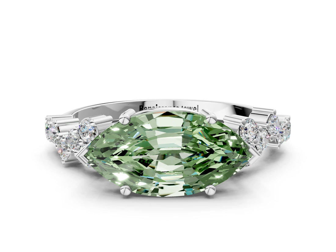 White gold Fancy Green Marquise Cut Diamond Scattered Round Accent Ring with Prong Setting_14