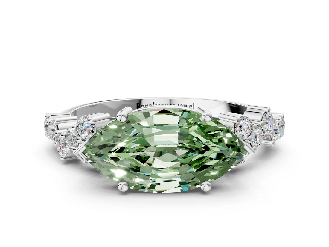 White gold Fancy Green Marquise Cut Diamond Scattered Round Accent Ring with Prong Setting_26