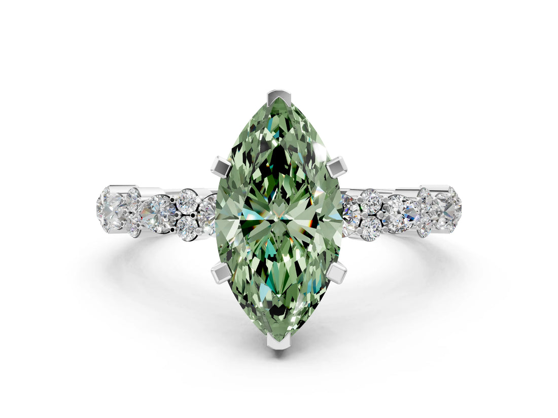 White gold Fancy Green Marquise Cut Diamond Side Stone Solitaire Ring with Round  and Four-Prong Setting_12